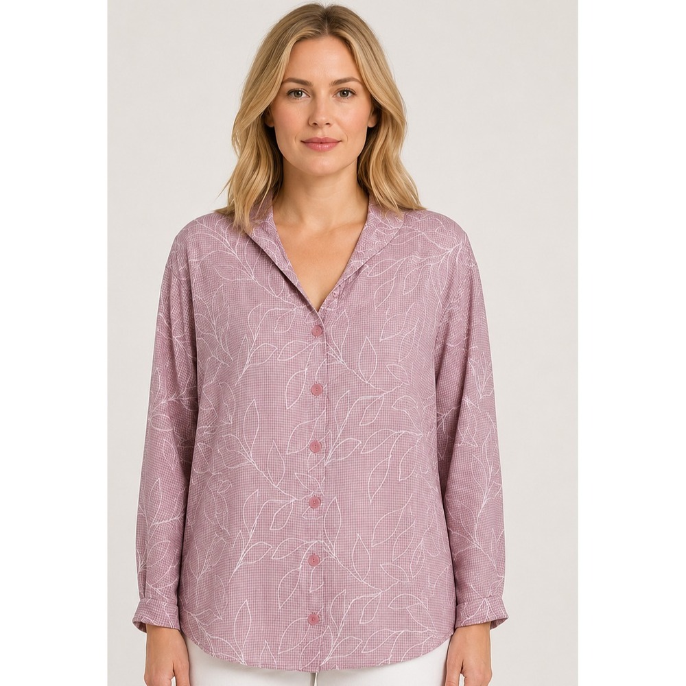 Flax Blouse 100% Linen Purple Botanical Leaf Print Artsy Lagenlook Relaxed SZ 3X